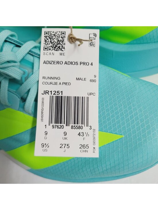 NEW Adidas Adizero Adios Pro 4 Running Shoes JR1251 Size 9.5 Flash Aqua main image 4